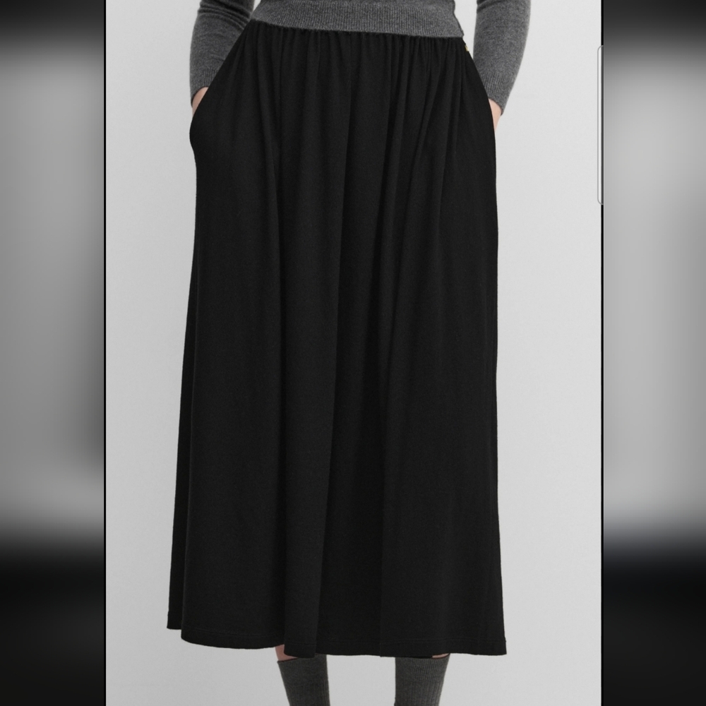 Wool + Cashmere Drawstring Waist Black Maxi Skirt With Pockets